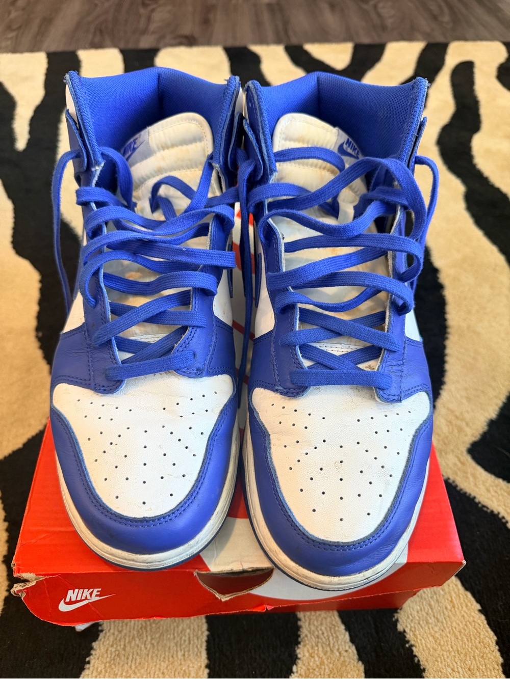 Nike Men’s High-Top Sneakers in White and Blue with Red Swoosh